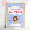 Playful lion illustration with positive affirmations, fostering courage in a child's room setting.