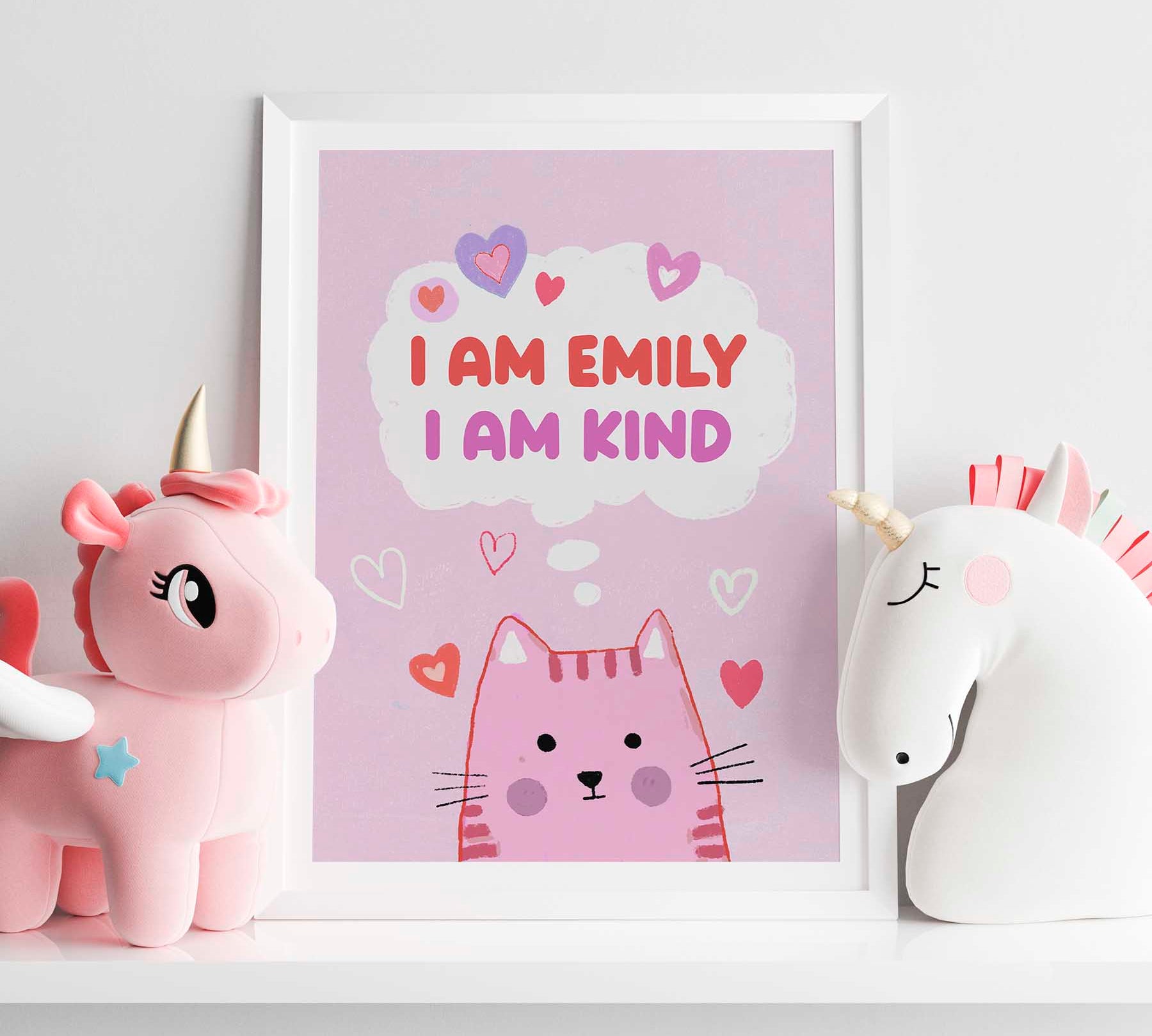 Customizable framed poster featuring a playful kitty, perfect for nursery wall art