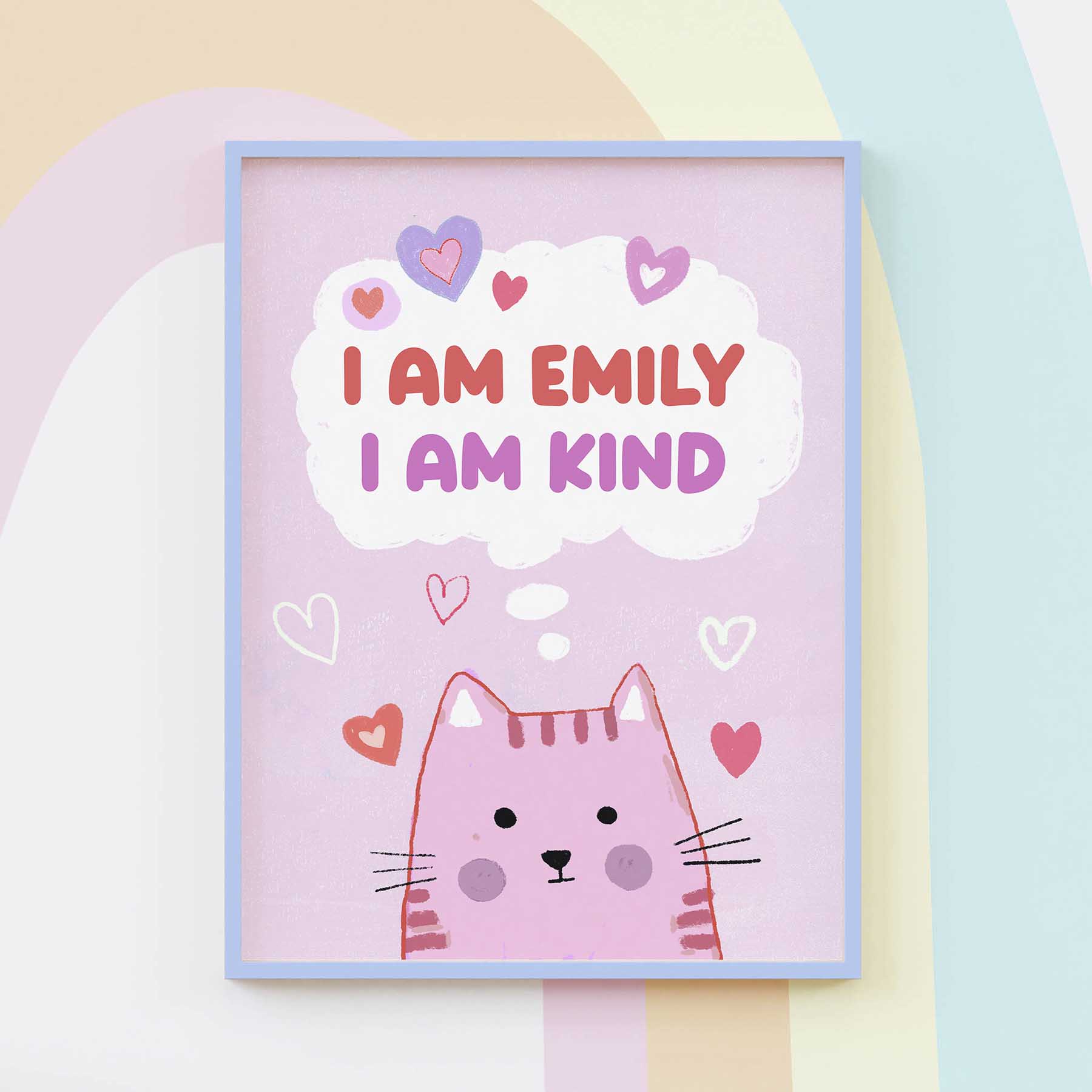"Customizable framed kitty art with cheerful affirmations, enhancing baby and children's decor."