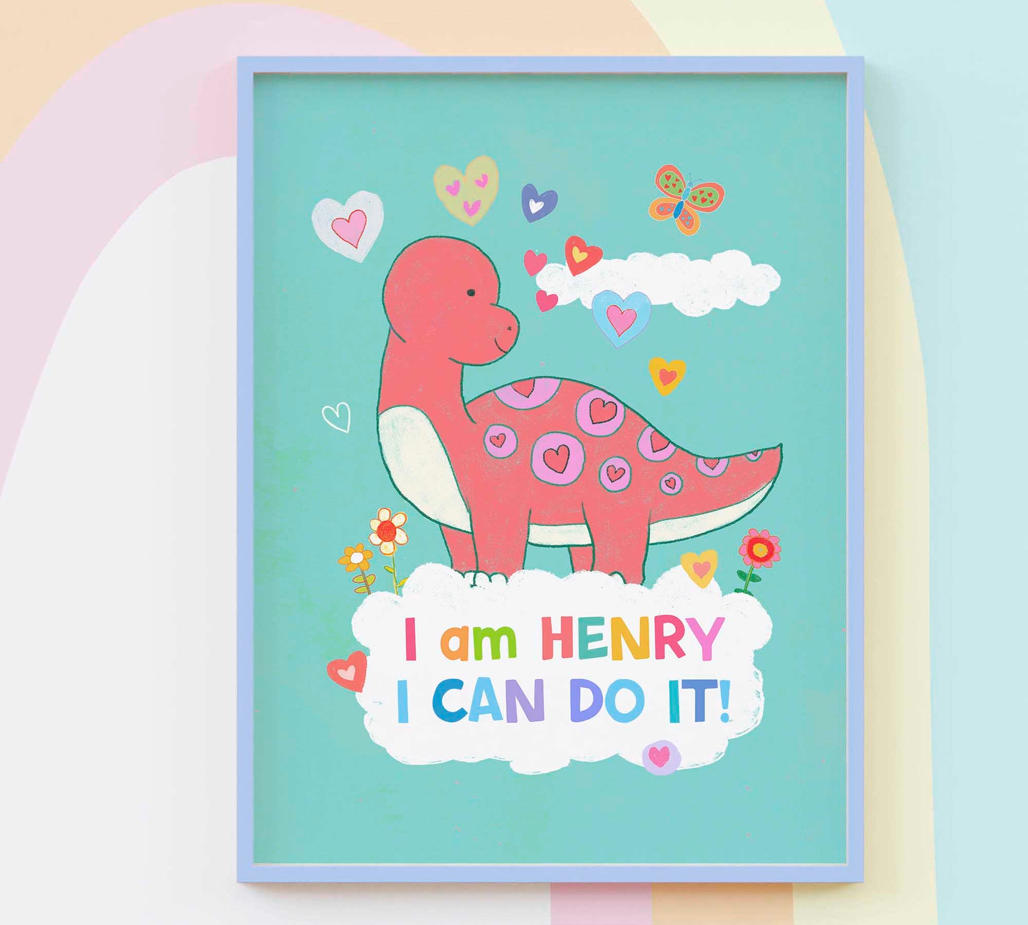 Magical dinosaur wall art for kids with affirmations, perfect for boho nursery decor.