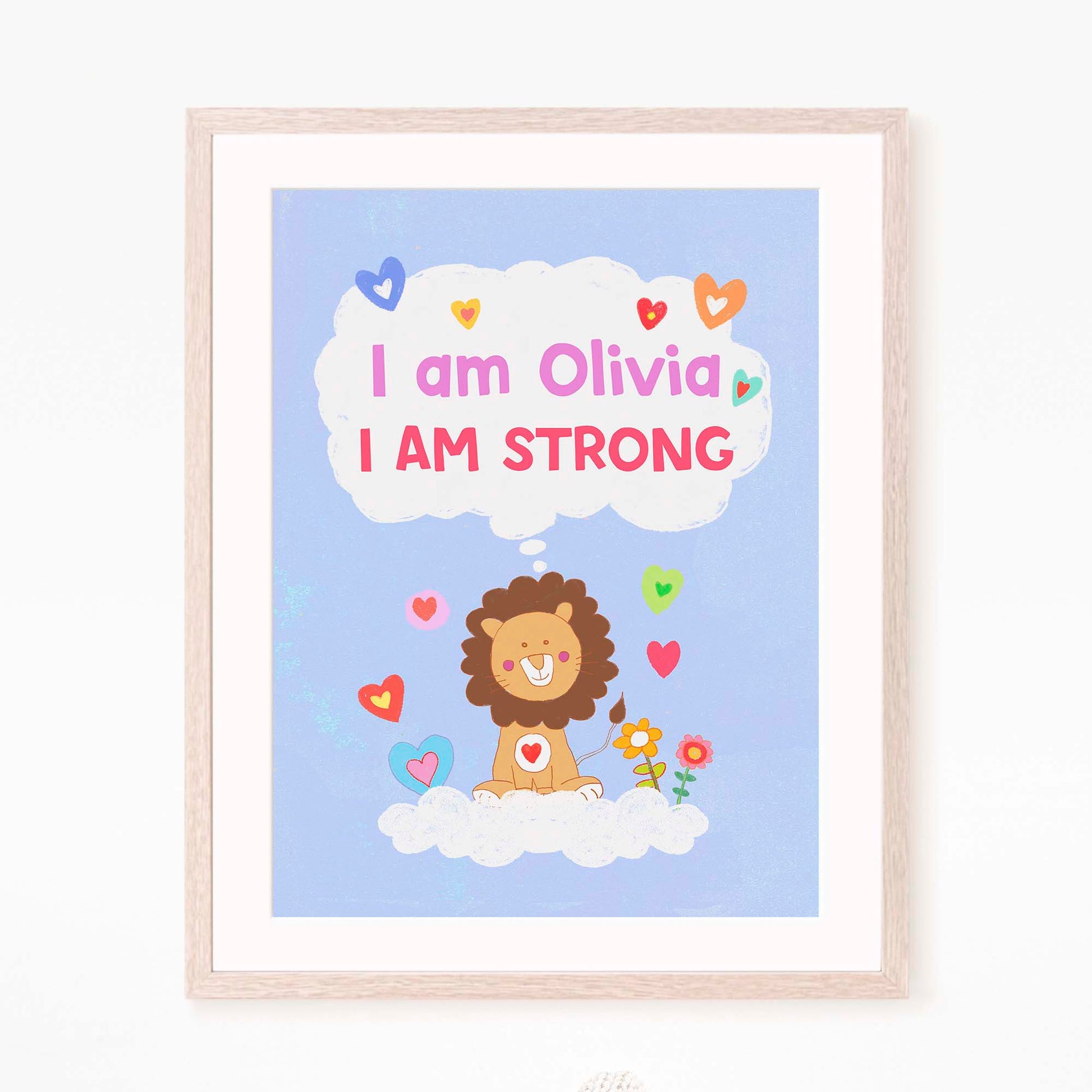 Customizable framed lion art, featuring uplifting sayings for children's personal development.