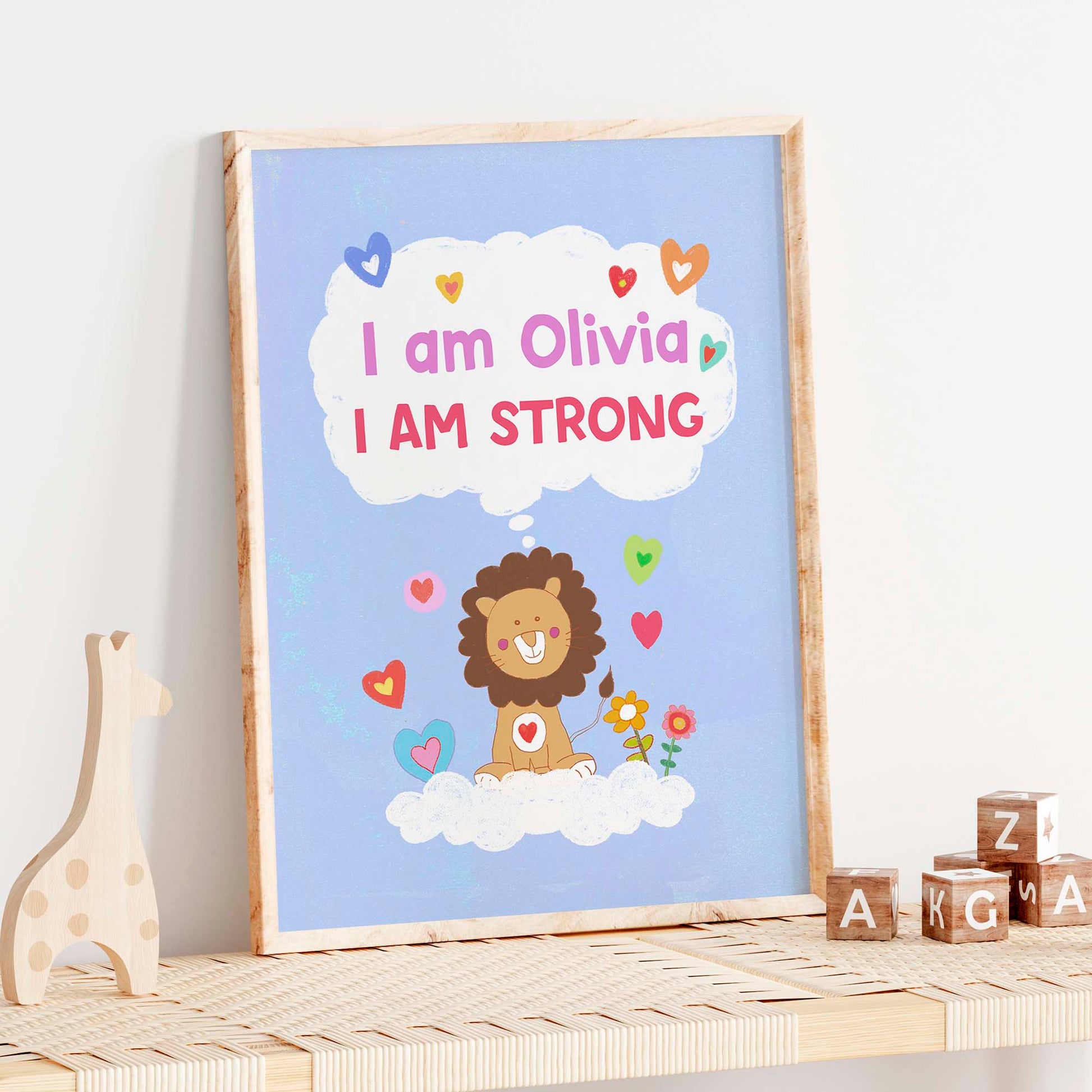 Regal lion in a frame with empowering affirmations, a bold addition to kids' nursery wall art.