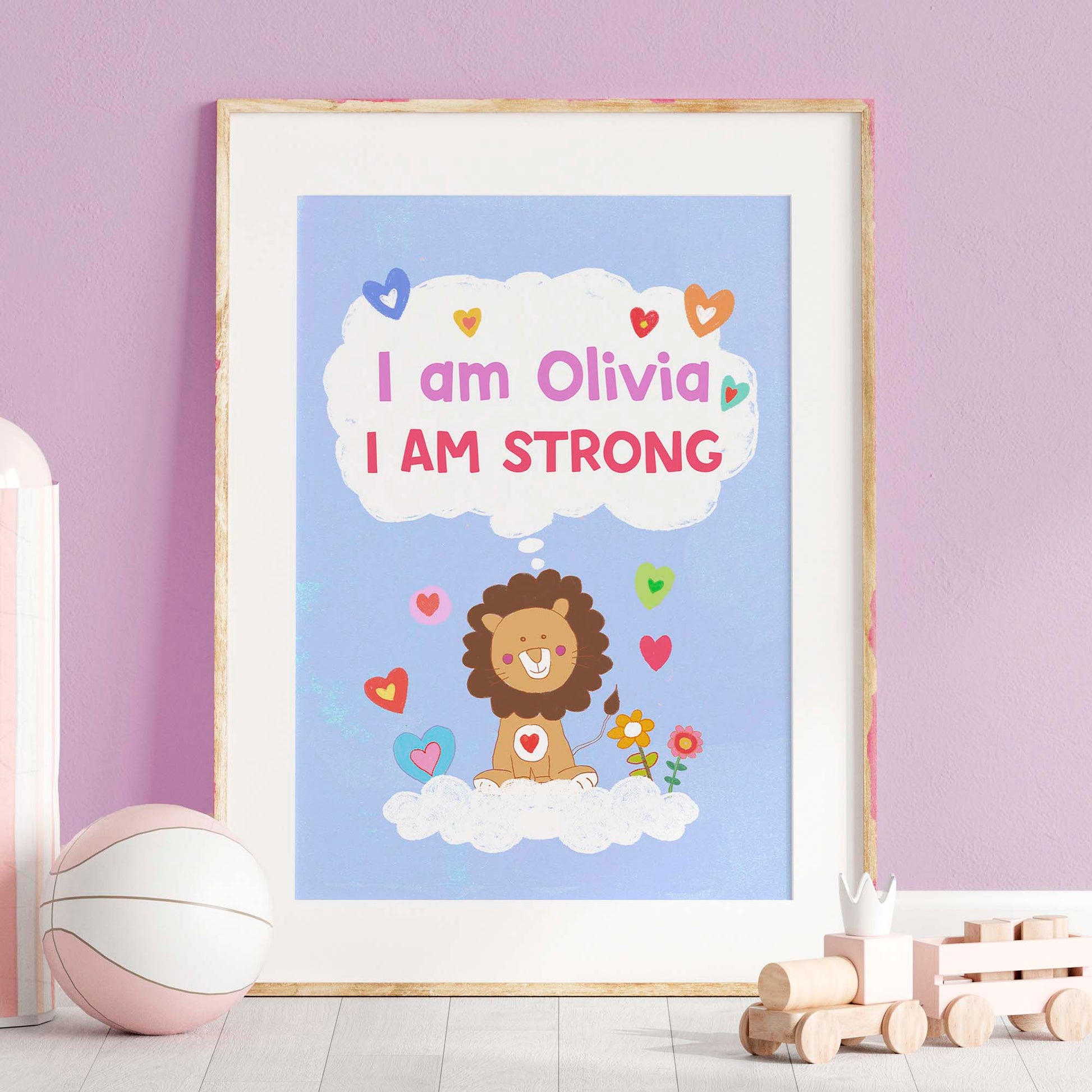 Framed lion poster with empowering affirmations, perfect for inspiring kids in nursery decor.