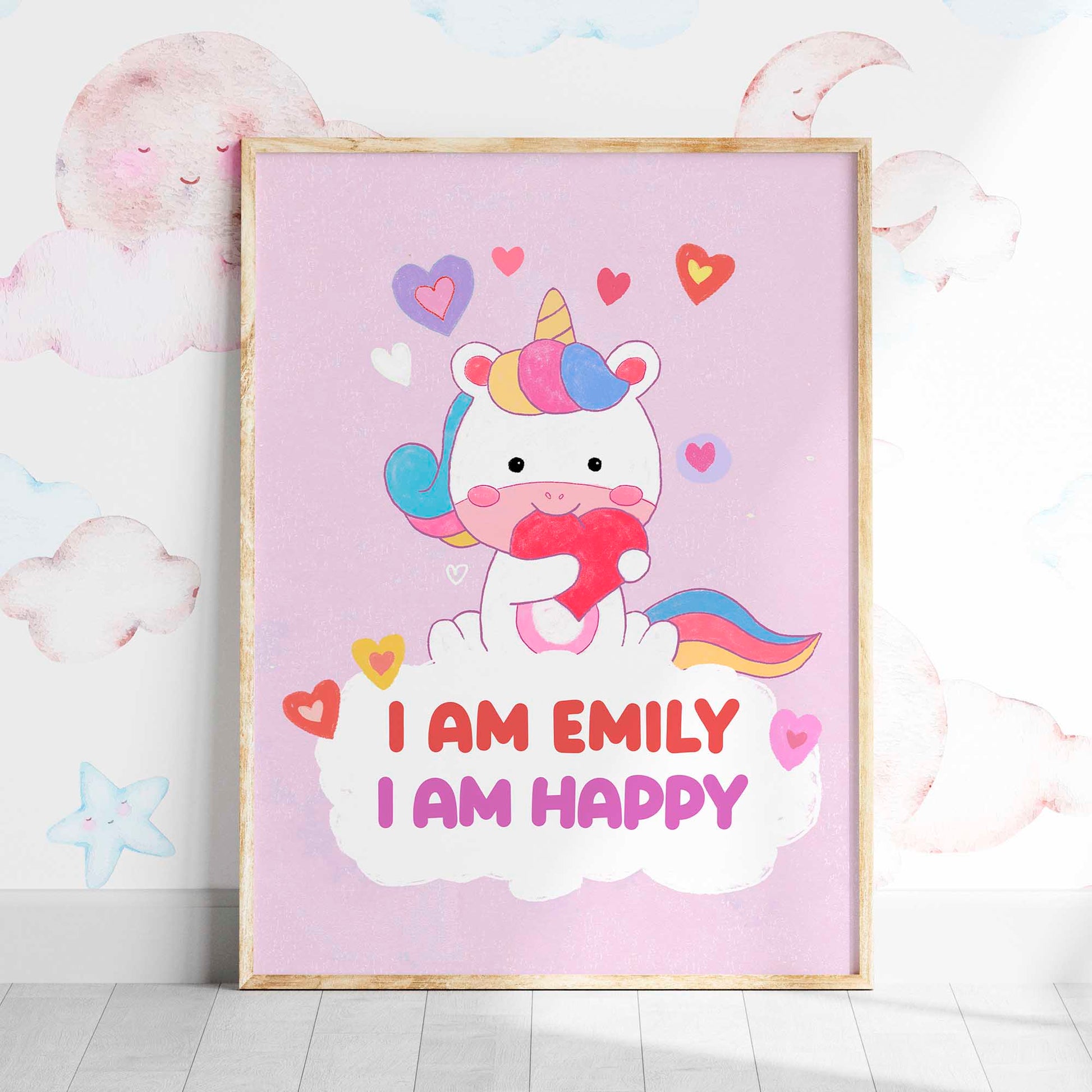Playful unicorn framed poster with positive messages, perfect for a child's bedroom.