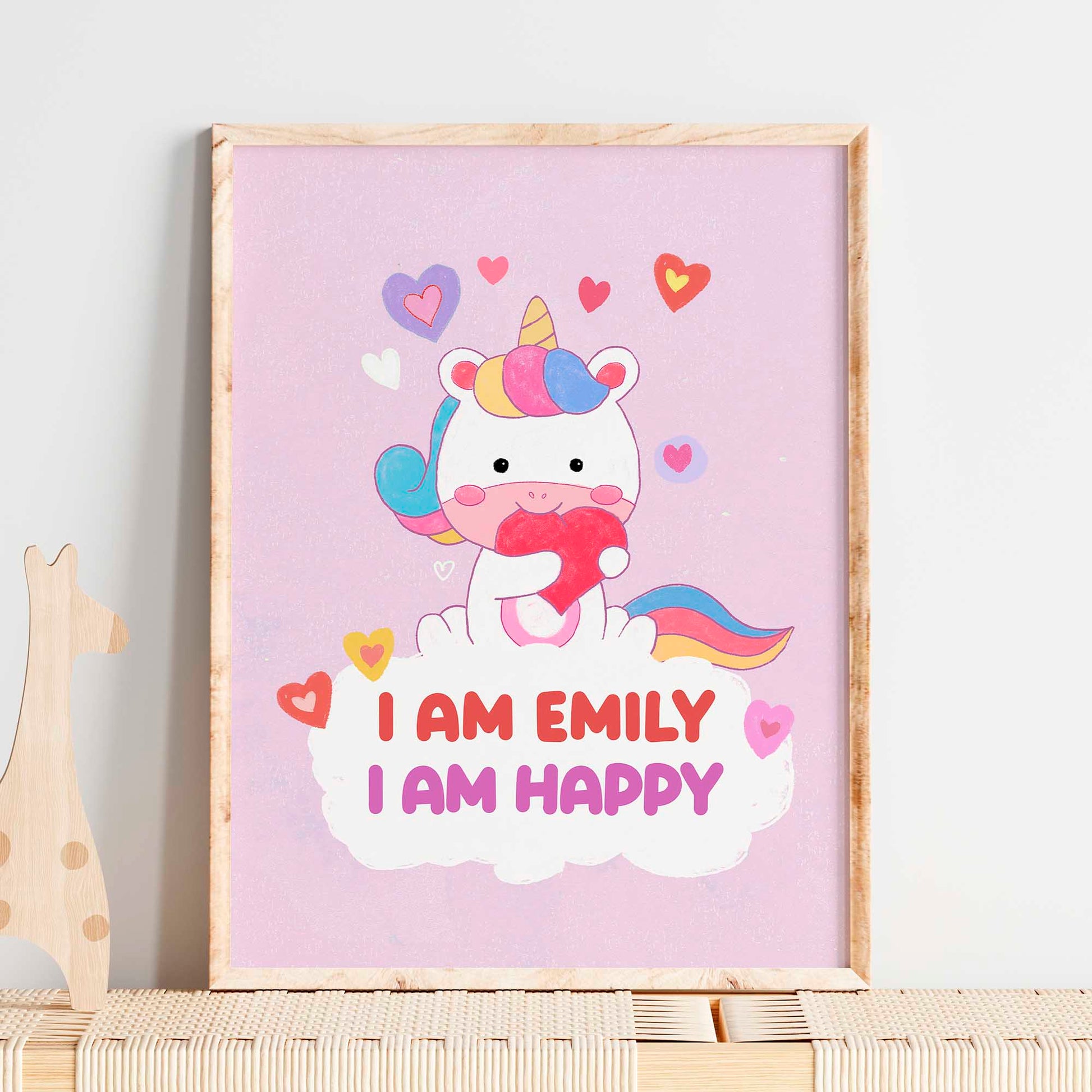 Magical unicorn in a frame with cheerful affirmations, great for baby girl room decor.