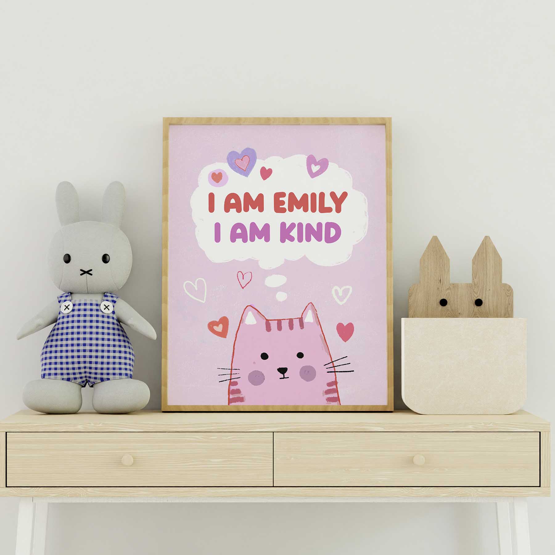 "Playful kitten poster in a frame, coupled with empowering affirmations for kids' personal growth."