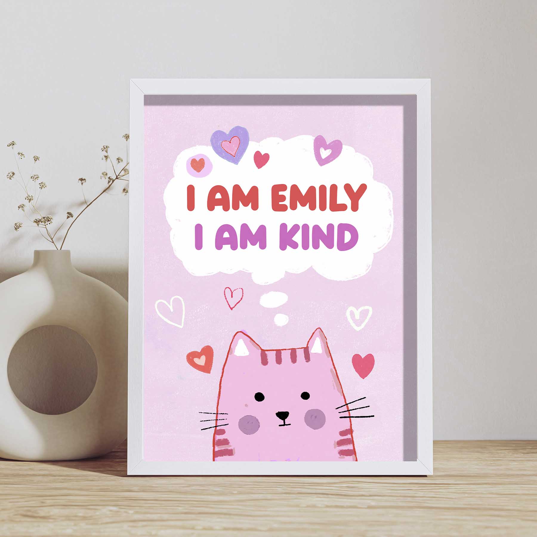 "Adorable cat illustration with positive messages, ideal for boosting kids' confidence in nurseries."