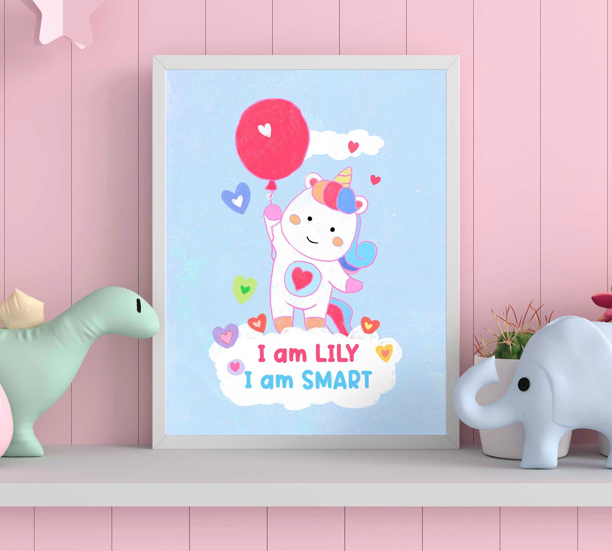 Cute unicorn framed poster with affirmations, fostering positivity in a girl's nursery.