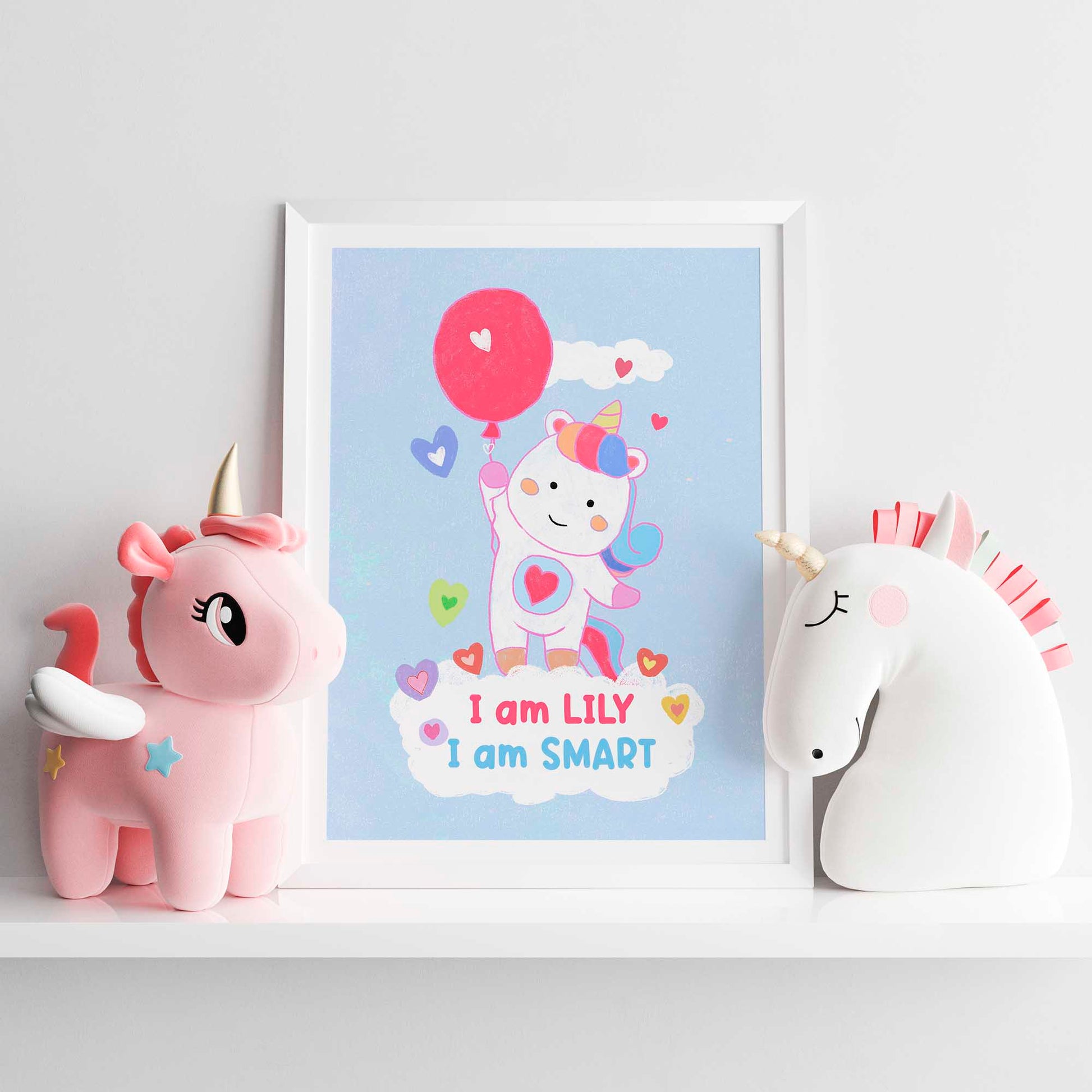 Colorful unicorn poster with heartening affirmations, ideal for a girl's room decor.