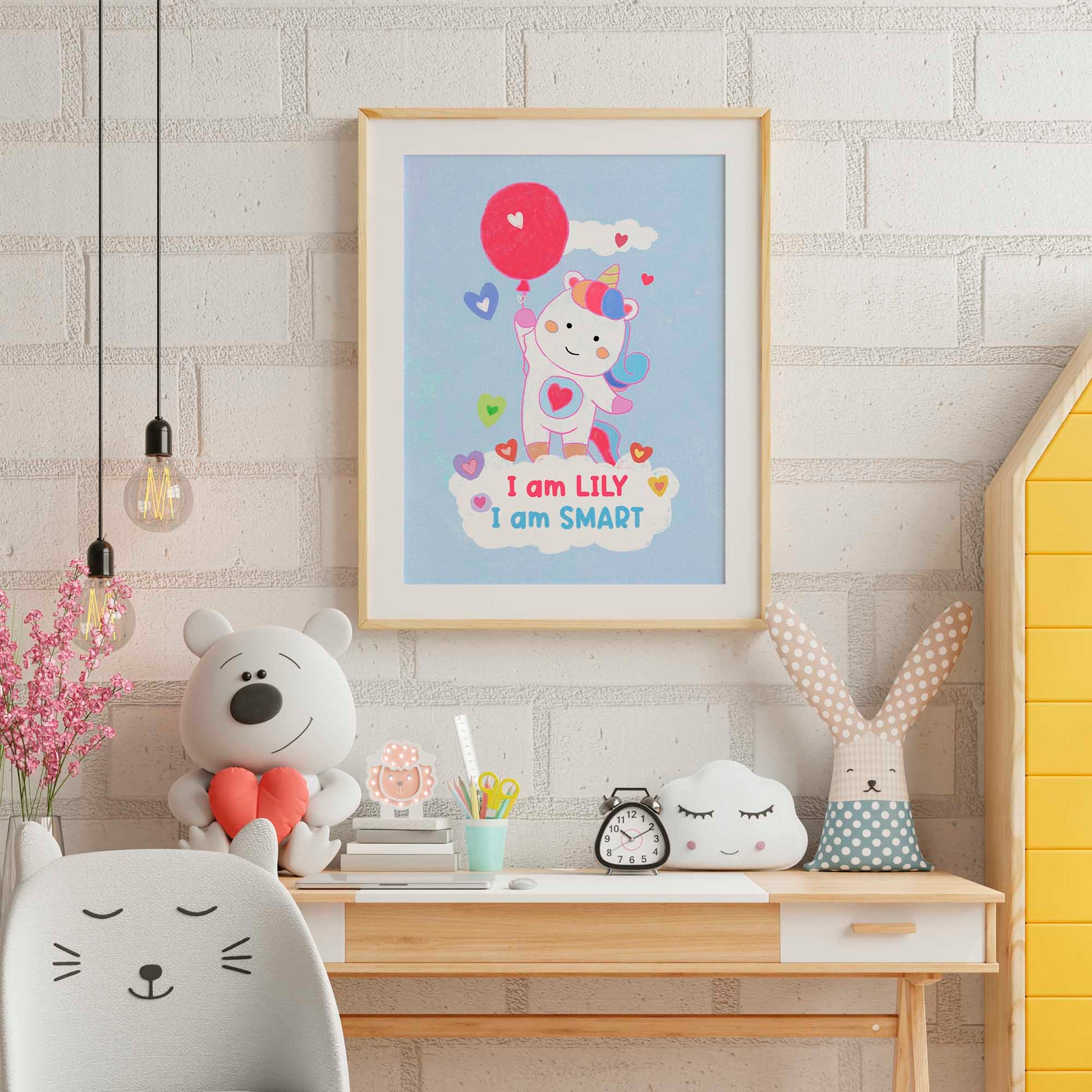 Delightful unicorn framed art with nurturing phrases, enhancing a girl's nursery.