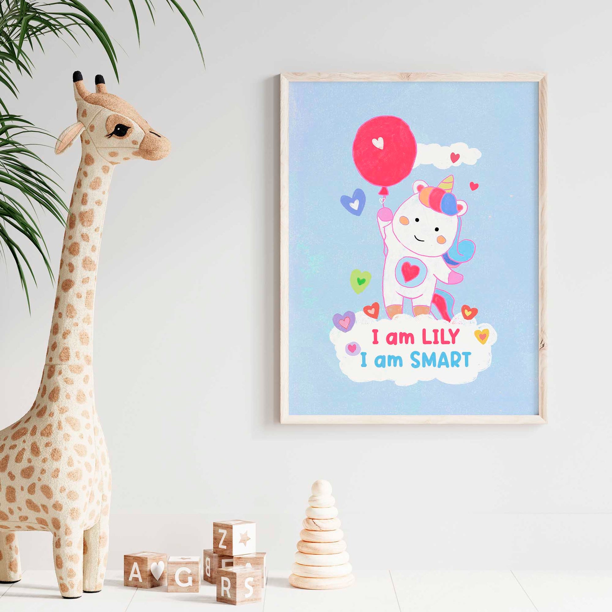 Sparkling unicorn poster with empowering affirmations, a charming touch for a girl's room.