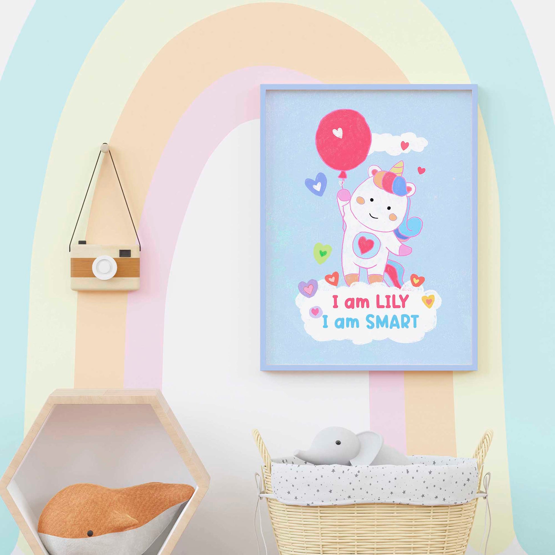 "Playful unicorn wall art for decorating nursery spaces, featuring uplifting messages for kids."