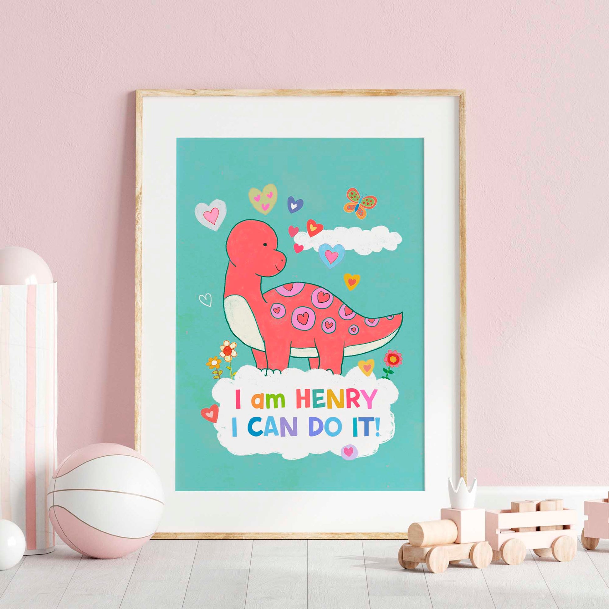 Colorful dinosaur illustration for kids, a vibrant addition to nursery decor with inspiring affirmations.