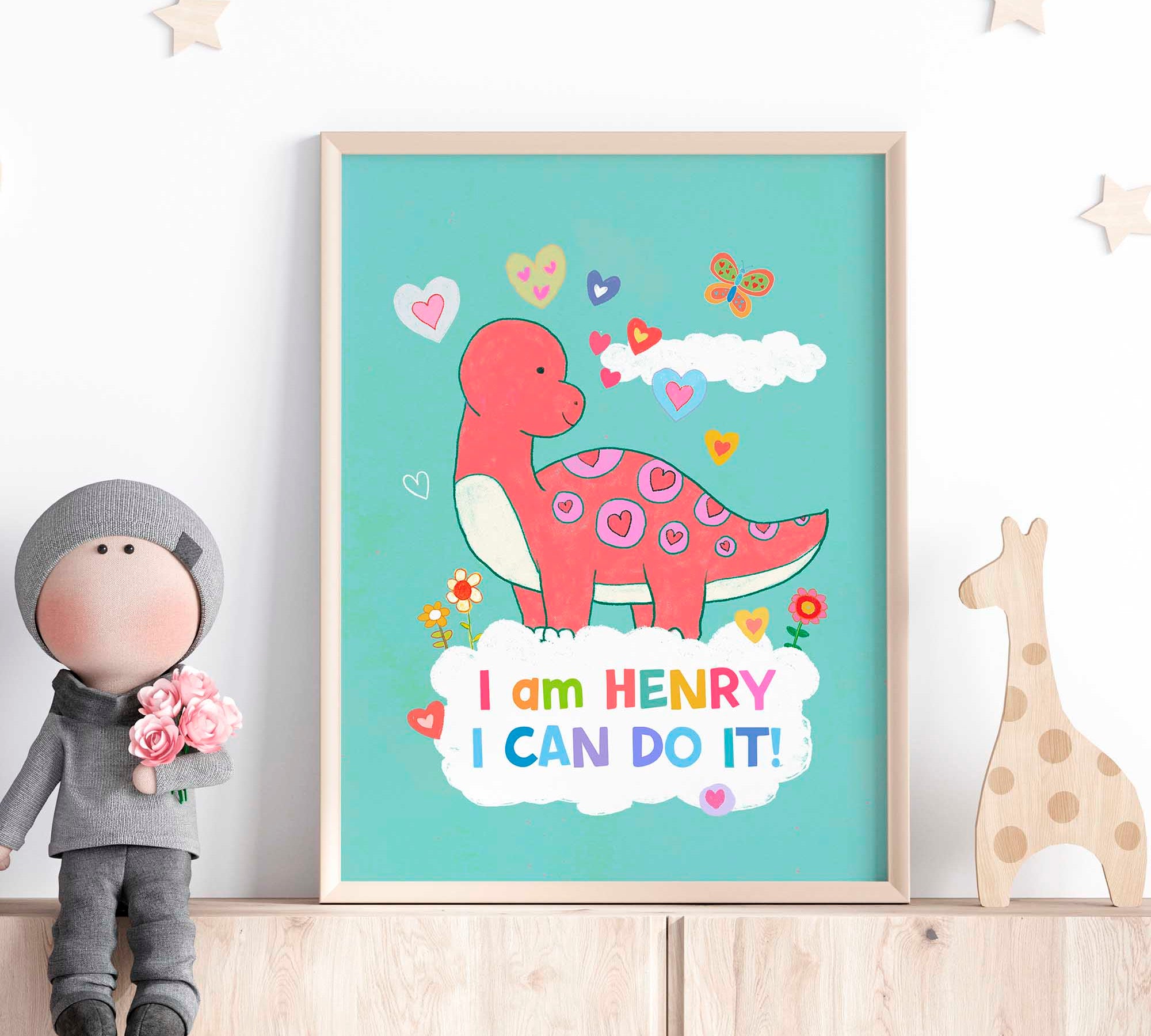 Enchanting dinosaur-themed kids' wall art with positive messages, ideal for decorating nurseries.