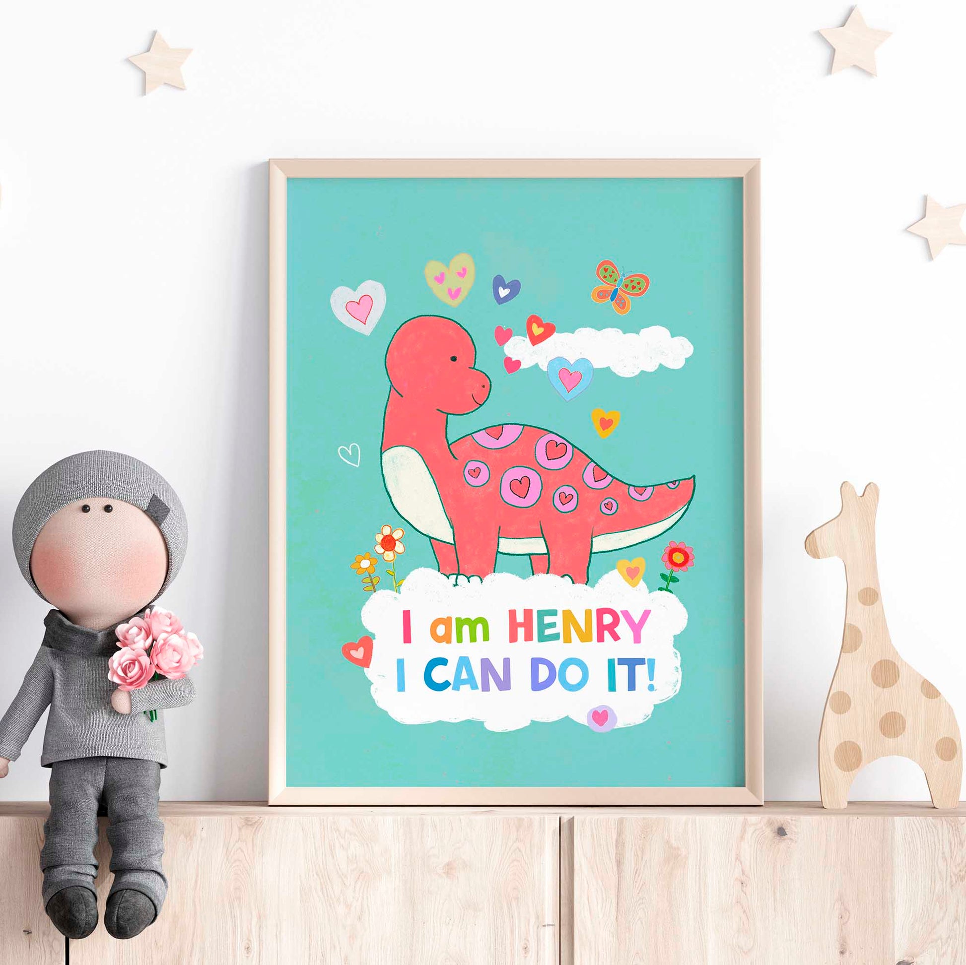 Enchanting dinosaur-themed kids' wall art with positive messages, ideal for decorating nurseries.